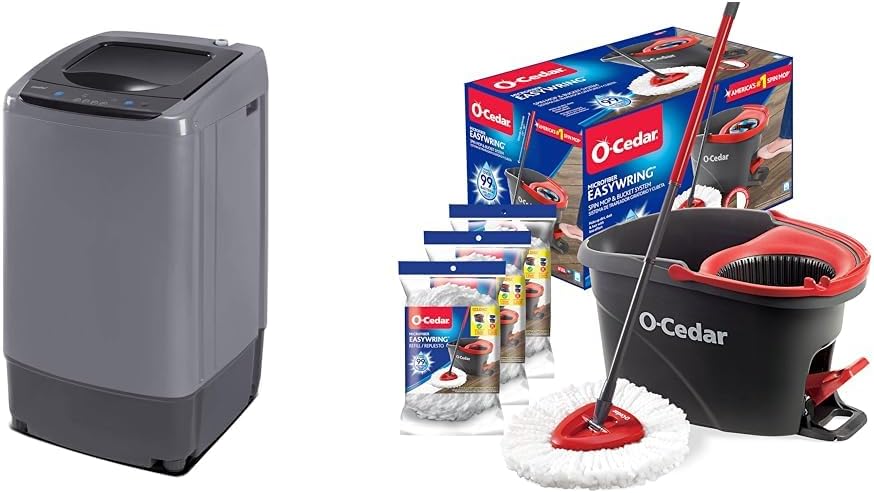Comfee Portable Washing Machine, 0.9 cu.ft Compact Washer With LED Display, 5 Wash Cycles, 2 Built-in Rollers, Space Saving Full-Automatic Washer & O-Cedar Easywring Microfiber Spin Mop