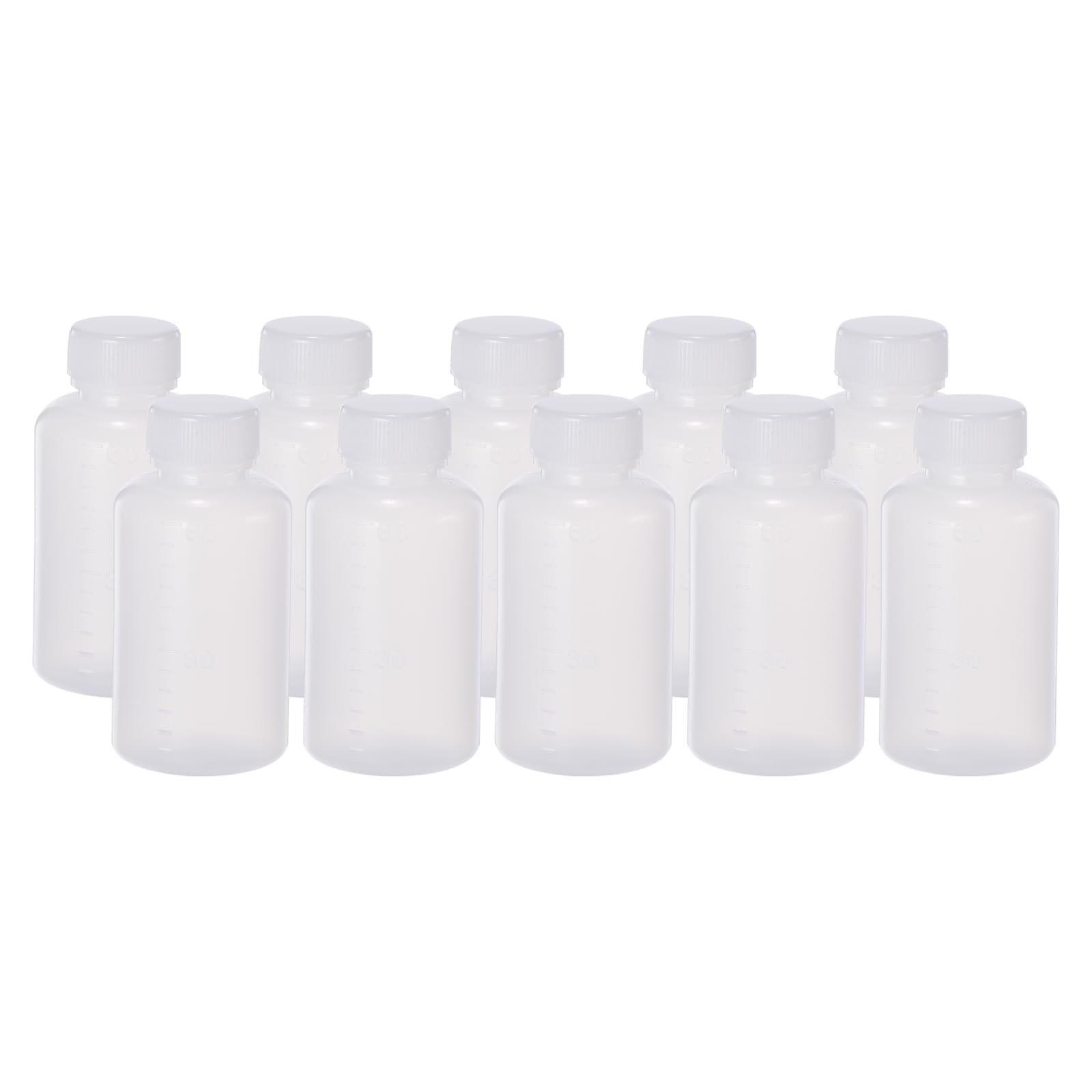 PATIKIL 50pz Boccette 60ml Reagenti, Boccette Bocca Stretta Rotondo Graduate Tappo Vite per Conservazione Acqua, Reagenti, Liquidi e Campioni Solidi Laboratorio, Bianco Traslucido