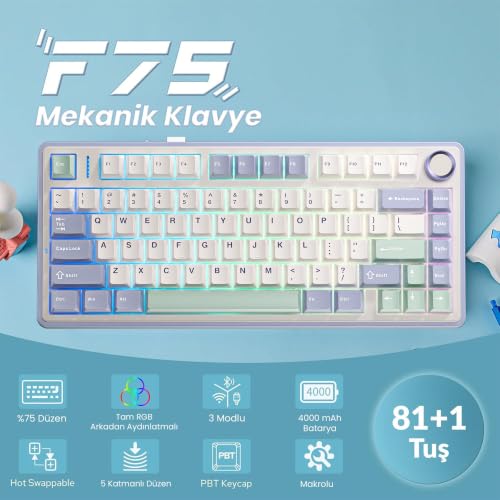Image of AULA F75 75% Wireless Mechanical Keyboard | Hot Swappable | Pre-lubed Linear Switches | RGB Backlit | 2.4GHz /Type-C /Bluetooth Gaming Keyboard (Cedar Green, Ice Vein Switch)