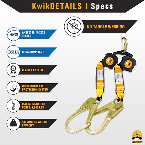 Image of KwikSafety - 6' COBRA Web Twin-Leg Self Retracting Lifeline [NO Tangle Web] Class 1 Retractable SRL Lanyard ANSI OSHA