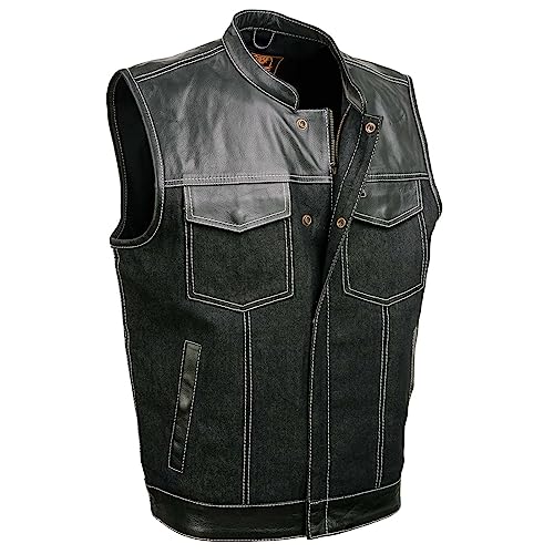 Milwaukee Leather MDM3006 Men's 'Brute' Black Denim and Black Leather Club Style Vest w/Hidden Dual Closure