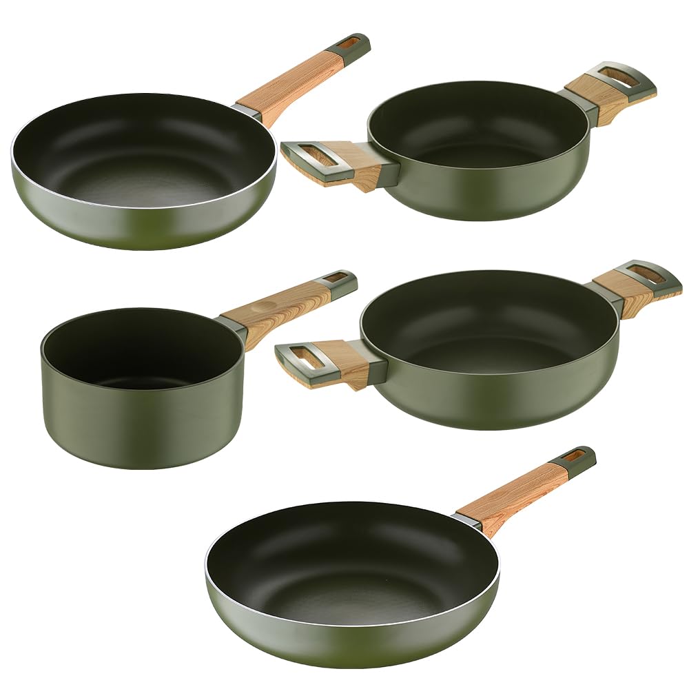 BERGNER Batteria di pentole 5pz in alluminio 100% riciclato per induzione, padelle 24/28cm tegami 20/24cm e casseruolino 16cm - Testata e approvata da Gianfranco Vissani