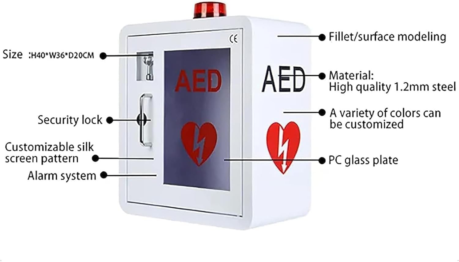 AED-Aufbewahrungsschrank zur Wandmontage, AED-Alarmbox für den Außenbereich mit transparentem Fenster und Schlüssel, Griff aus Edelstahl, für den Notfall zu Hause, im Büro und an öffentlichen Orten