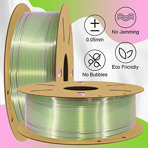 Image of TTYT3D Dual Color Silk Shiny PLA Coextrusion 3D Filament, 1.75mm Silk Shiny 2 Colors in 1 Printing PLA, Widely Fit for 3D Printer, 2.2lbs 1KG Dual Color 3D Printer Material, Green /Pink