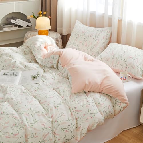 Image of BOLINLIVING Pink Floral Duvet Cover Full Size, Reversible Botanical Spring Summer Duvet Cover Set with 2 Pillowcases, Breathable Soft Microfiber Bedding Set for All Season with Zipper Closure