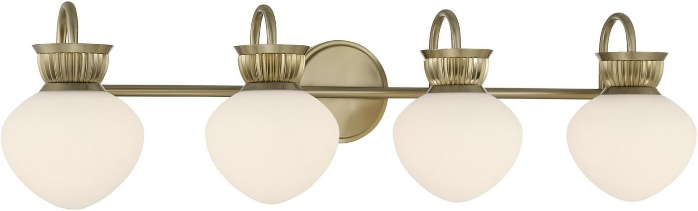 Savoy House 8-1028-4-127 Melbourne Traditional White Opal Glass Bathroom Vanity Wall Light, 4-Light 240 Total Watts, 9" H x 33" W, Noble Brass