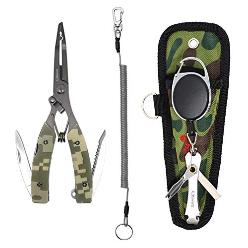 SAMSFX - Alicates de Pesca Resistentes al Agua Salada con Revestimiento de teflón con cordón en Espiral de Alambre, Funda y Herramienta de Nudo rápido, Camuflaje café