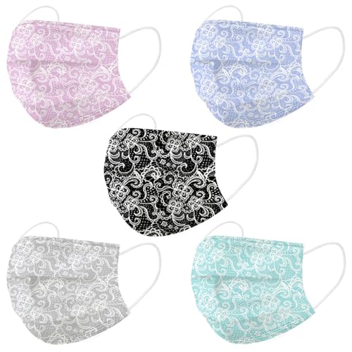 50PCS Lace Disposable Face Mask, 3 Ply Breathable Fashion Face Masks for Adults Women Full Face Protection (Multicolor)
