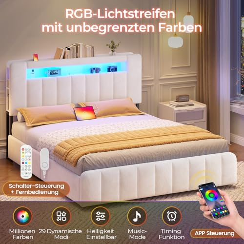 AOGLLATI Polsterbett 140x200 cm mit Stauraum - 4 Schubladen Jugendbett mit LED-Beleuchtung & Ladestation,Doppelbett mit Kopfteil aus Samt Bett 140x200 mit Lattenrost-ohne Matratze,Beige Samt – Bild 4