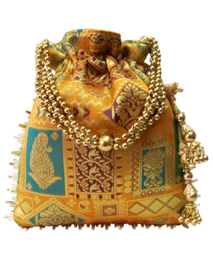 Image of MILAN'S CREATION Potli Banarasi Silk Brocade Bag Purse Drawstring Women's handbag with Pearl Handle & Tassel Weddings