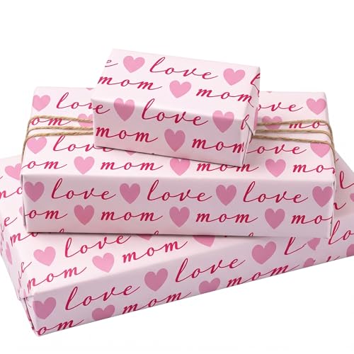 WAPLIGHAL Mathers Day Wrapping Paper for Mom Women - Cute Pink Hearts & Love for Moms - Perfect for Any Occasion - 4 Sheets Each 28 x 40 Inches Recycled Easy to Store