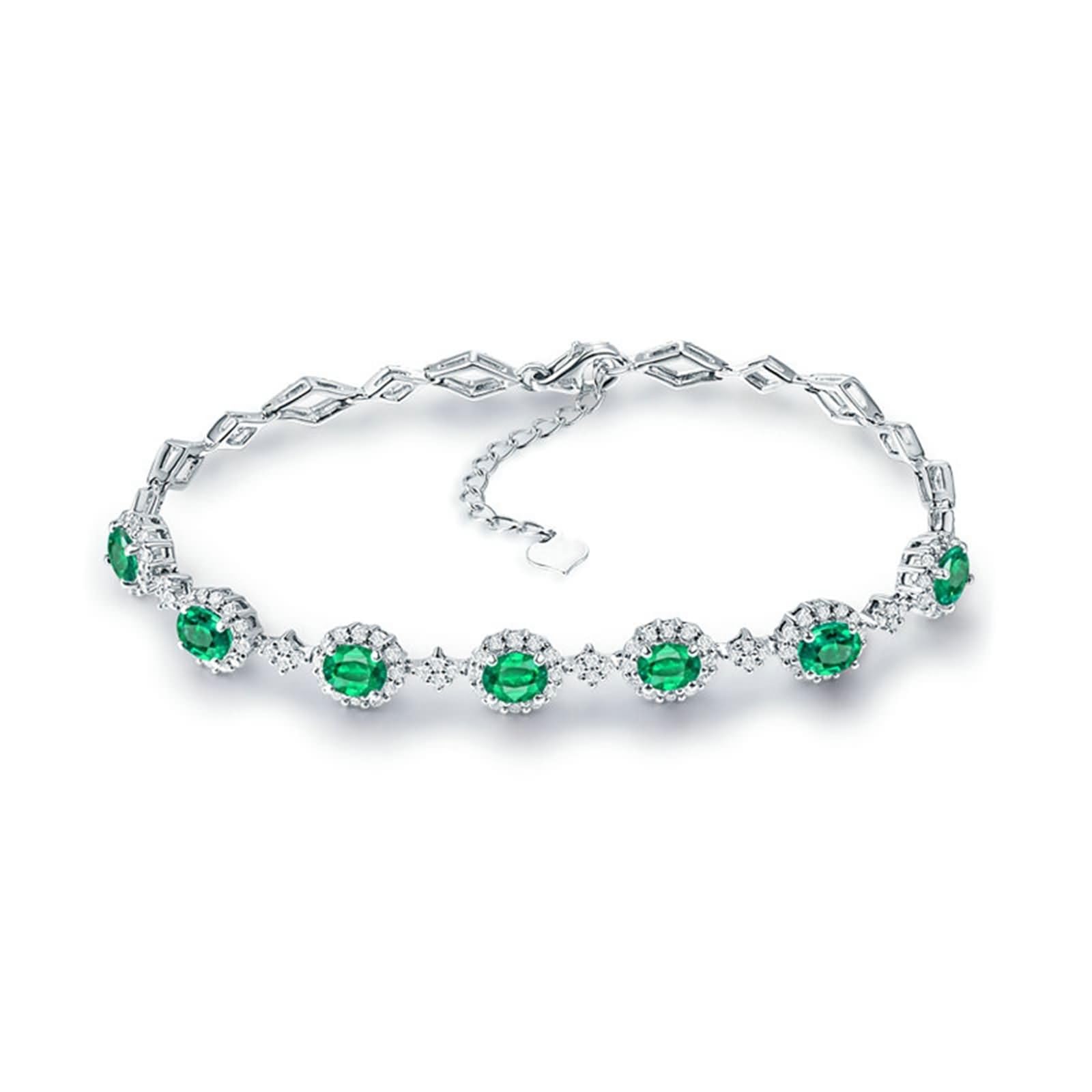 Pulseras de Mujer de Oro Blanco 9Kilates / 14Kilates / 18Kilates, Oval con Esmeralda de 2,4 ct y Diamante de 0,81 ct, Cadena Extensible 16 CM + 5 CM, Pulsera Mujer Ajustable Plata Verde