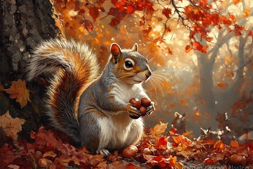 Stamped Cross Stitch Kits, Squirrel Gathering Fall Nuts, Needlepoint Counted Cross Kits for Beginners, Embroidery Kits Arts Home Decor(11CT No Frame,16x20 inch)
