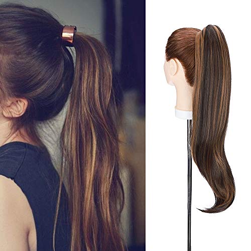 Silk-co Ponytail Extension Extensiones de Cabello Natural Clip Coleta Sintética Coletero Pelo Postizo para Mujer Rizada Ondulada Se Ve Natural Extensiones # Marrón chocolate y marrón (55cm,155g) Cover
