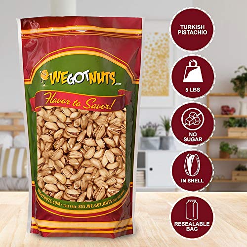 Turkish Antep Pistachios 5 Pounds (80Oz) - Premium Quality Kosher Roasted Pistachios By We Got Nuts - Natural & Healthy Rich Flavor Snack - Whole, & Salted – Air-Tight Resealable Bag Package #TOP1