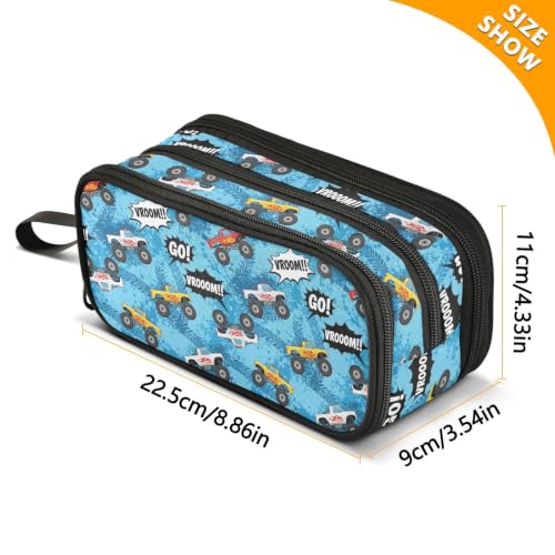 Image of Pencil Case Large Pen Bag with Zipper Cartoon Monster Truck | 3-Compartment Aesthetic Pencil Pouch Stationery Storage and Organizer, Marker Case School Supplies for Teen Adult Girls Boys