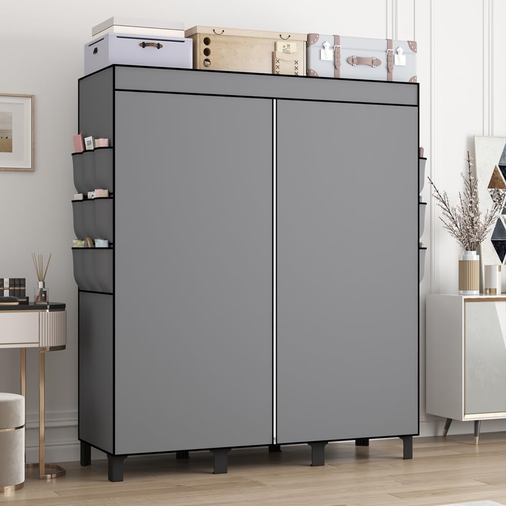 Tragbarer Schrankschrank mit 3 Hängebereichen und Seitentaschen, stabiler Kleideraufbewahrungs-Organizer mit Installationshammer, 51 W, schwarzer Schlafzimmerschrank (grau)