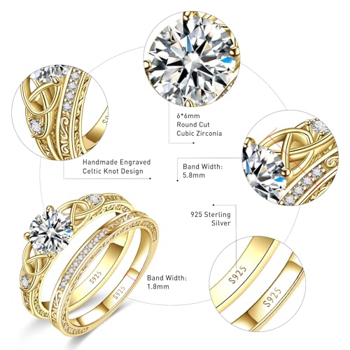 Vintage Celtic Knot Wedding Ring Set for Women 14K Gold Plated Sterling Silver Engagement Ring Set Bridal Ring Sets for Women Cubic Zirconia Engagement Ring Cubic Zirconia Ring Sets Size 93