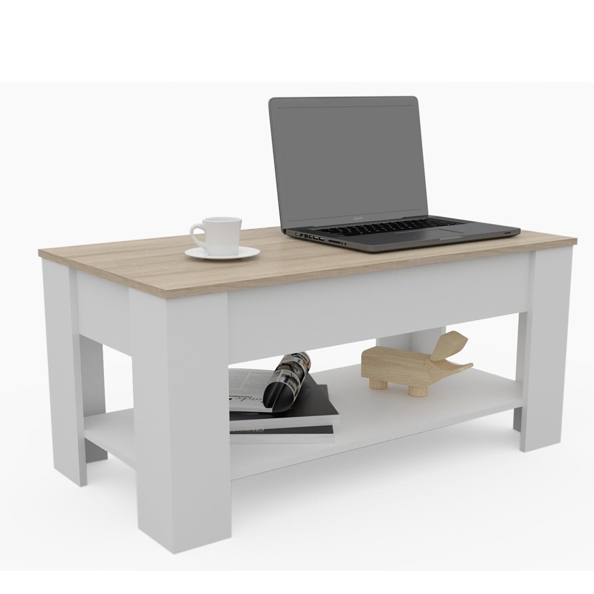 DORMIDAN- Mesa de Centro elevable con Revistero, Comedor o Auxiliar, Mayor Estabilidad. (Blanco Tapa Roble)