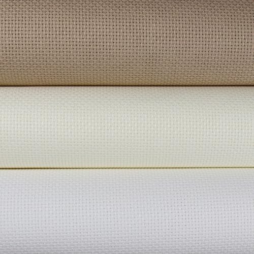 Image of KCS 3 pc of 15 inch x 18 inch Counted Cross Stitch Cotton Aida Cloth Needlework Fabric (White+Antique White+Khaki, 16CT)