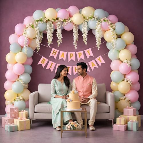 Image of Party Propz Soft Pastel Wisteria Birthday Decoration Kit For Girls -37 Pcs, Happy Birthday Banner, Wisteria Drapes, Pastel Balloons & Arch Roll,Balloon Decoration Kit for Girls (Latex,Cardstock)