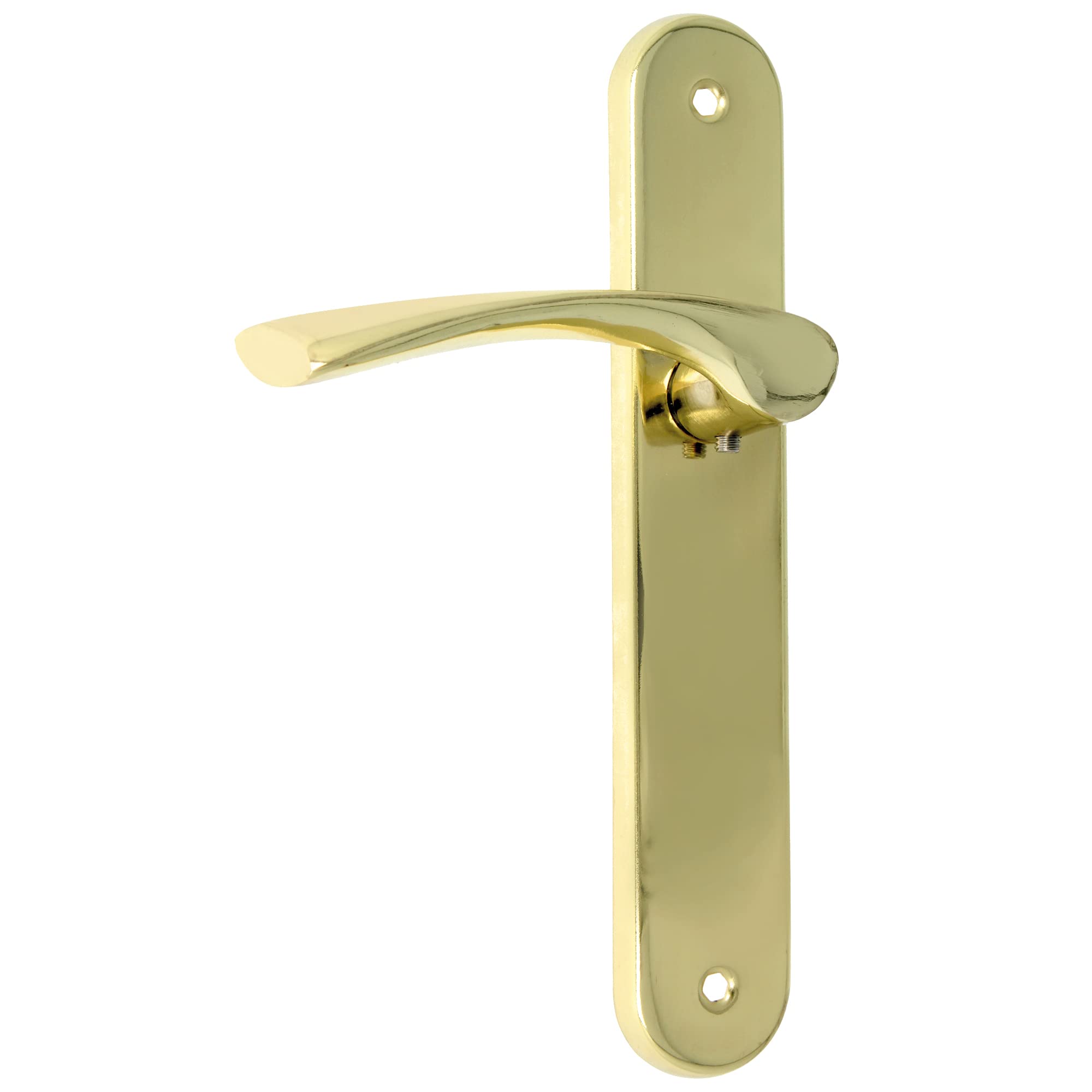 Amig - Juego de 2 Manillas de Placa Ovalada de Acero y Tirador de Zamak con Acabado Latonado Barnizado para Puertas de Paso de Interior - 237 x 40 mm · Manivela 120 mm - Incluye Tornillos