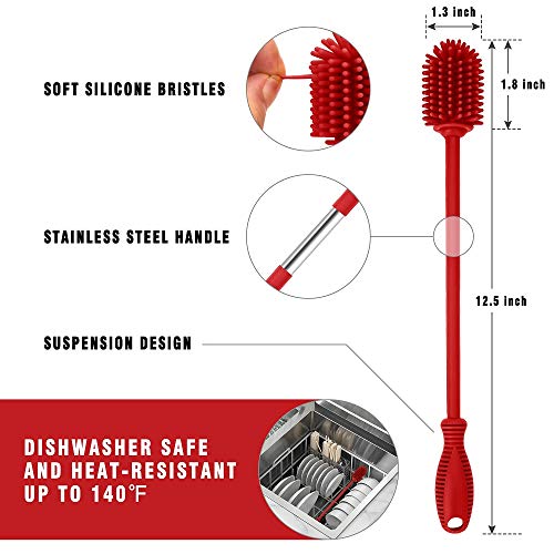Image of Silicone Bottle Cleaning Brush with Long Handle, BPA Free 12.5 inch Water Bottle Cleaner for Baby Bottles, Hydro Flask, Sports Bottle, Vase, Glassware, Perfect for Smaller Diameter Bottle Openings (Red)