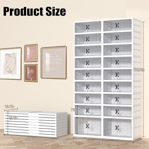 Image of GCCSJ 9 Tiers 36 Pairs Foldable Shoe Rack Organizer, Plastic Collapsible Shoe Shelf, Folding Shoe Box Storage Cabinet with Magnetic Clear Door Easy Assembly