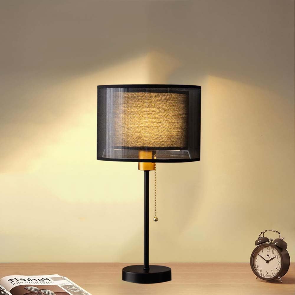 Mengjay Lampada da Tavolo Moderna, Base in Metallo Nero, Paralume in Tessuto, Altezza 49 cm, Interruttore a Catenella (Stile: Nero)