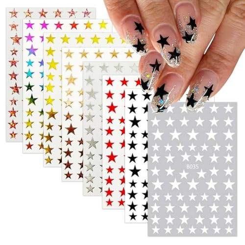 8 Sheets Star Nail Stickers for Nail Art 8 Colors 4th of July Nail Decals-Gold Silver Black White Stars Nail Art Sticker-3D Self Adhesive Stickers for Nails Design Manicure Decorations for Women Girls