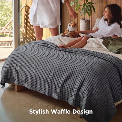 Image of Bedsure Cooling Cotton Waffle Queen Size Blanket - Lightweight Breathable Blanket of Rayon Derived from Bamboo for Hot Sleepers, Luxury Throws for Bed, Couch and Sofa, Dark Grey, 90x90 Inches