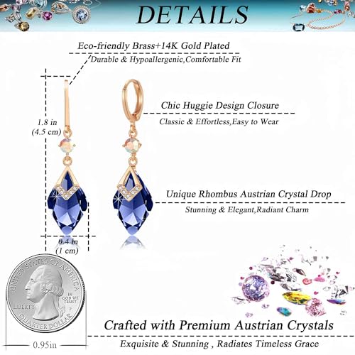 Trendy Austrian Crystal Rhombus Drop Huggie Dangle Earrings for Women 14k Rose Gold Plated Hypoallergenic Jewelry Gifts4