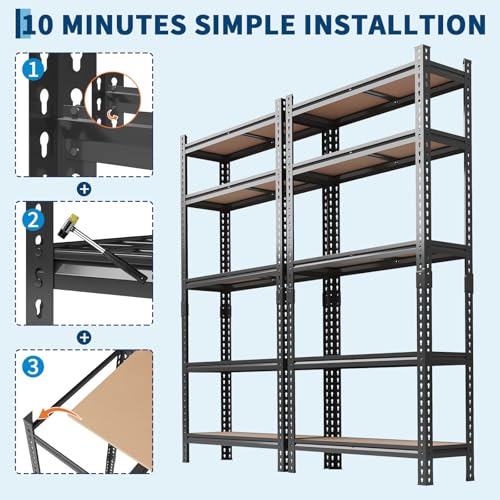 Image of 5-Tier Heavy Duty Adjustable Metal Storage Unit, 72 inch h x 35.5 inch w x 12 inch d, for Garage, Basement, Warehouse, Pantry, Closet, Kitchen, Black，2 Pack