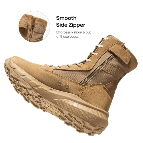 NORTIV 8 Men's Breathable Tactical Military Work Boots Side Zipper Leather Lightweight Hiking Motorcycle Combat Boots 8 Inches Peakforce,Size 7.5,Coyote,SNMT242M