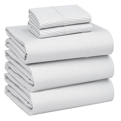 Image of RUVANTI 100% Cotton Percale Sheets Split King Size - Crisp Cooling Bed Sheets for Hot Sleepers, Deep Pocket 16 inch, Soft Breathable & Durable Hotel-Style 5 Piece Set, Grey Pinn Stripe