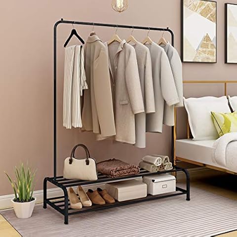 JURMERRY Clothes Rack Metal Garment Racks Pipe Hanging Heavy Duty with Top Rod and Lower Storage Shelf 2-Tier Shelves,(Black) Cover