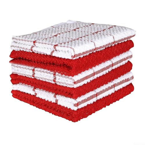 Juego de 6 paños de cocina de algodón con tejido de rizo, diseñados para absorción y cuidado suave, para secar platos y limpiar superficies de cocina (cajas rojas)