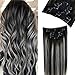 Produktbild LaaVoo [10% Rabatt] Clip in Echthaar Extensions 45cm Clip Haarverlängerungen Double Weft Remy Human Clip auf Haar Schawrz und Silber 120Gramm/7Stück