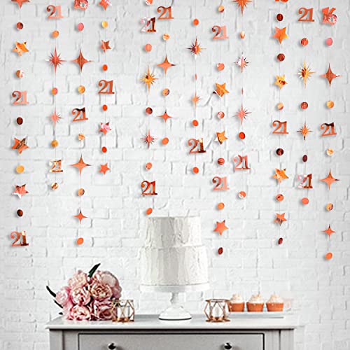 Image of Rose Gold Number 21 Circle Dot Twinkle Star Garland Kit Metallic Hanging Streamer Bunting Banner Backdrop Decoration for Girls 21st Birthday Finally Legal Twenty One Anniversary Wedding Party Supplies