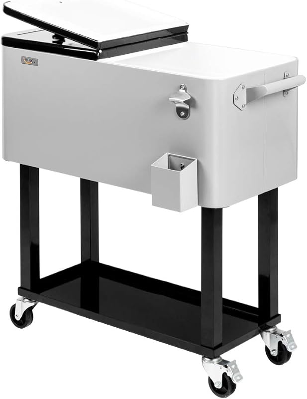 VINGLI Cofre de Hielo con Ruedas, Carro Enfriador de Bebidas para Barra de Fiesta en el Patio portátil, con Estante, pileta de Bebidas con abridor de Botellas