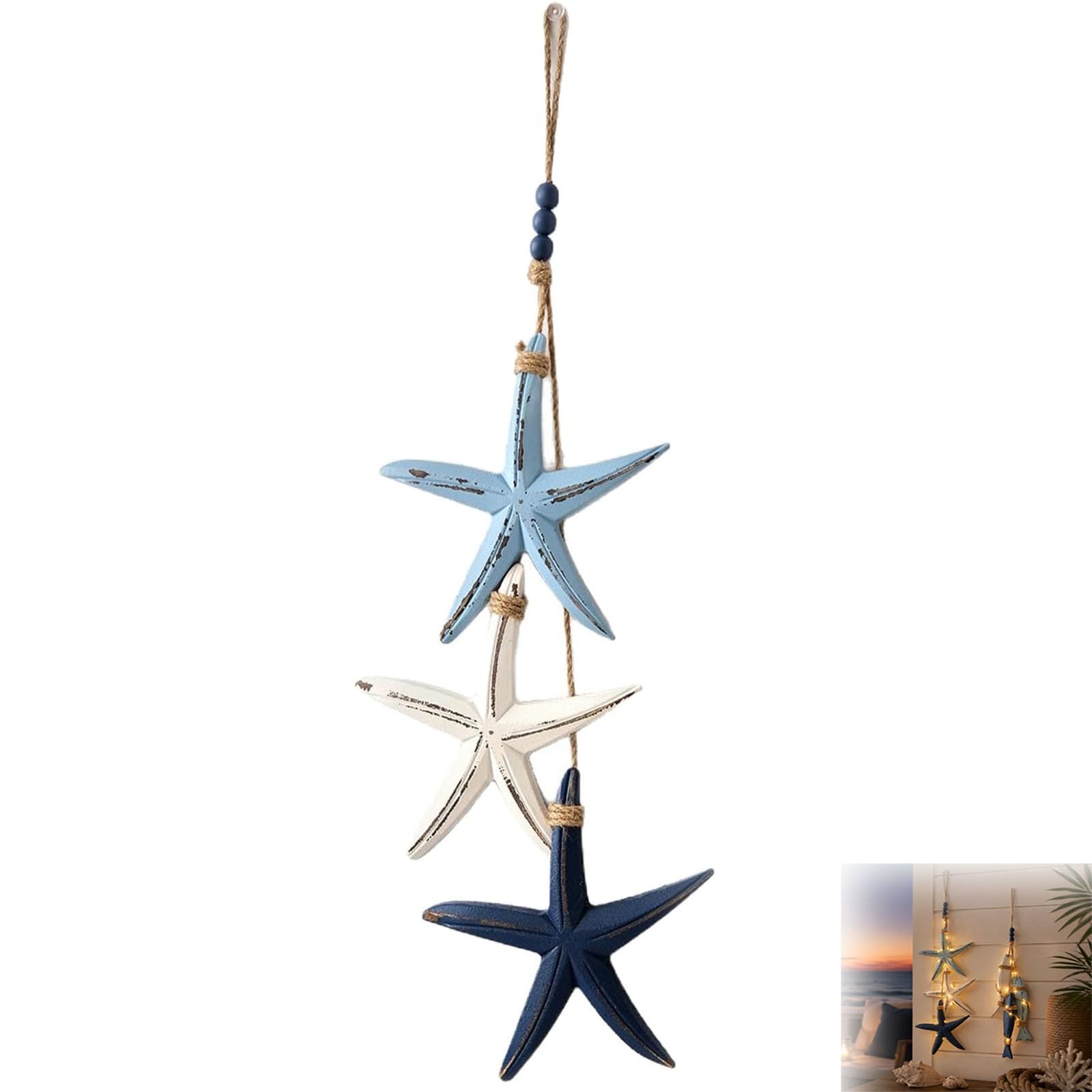 Mediterranean Nautical Wall Hanging Decor, Wooden Starfish and Fish Hanging Ornament, Coastal Nautical Beachy Rope Decor with Warm LEDs for Home, Restaurant, Bathroom, Ocean Wall Art (Starfish)