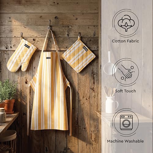 Image of Encasa XO 100% Cotton Apron Set for Women & Men with Adjustable Apron, Oven Gloves & Pot Holder (Pack of 3) Combo, Heat-Resistant, Soft & Durable for Cooking, Baking & Grilling (Franca Yellow Stripes)