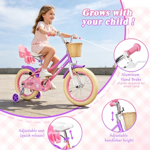 Image of Glaf Girls Bike Bicycle for 2-12 Years Old 12 14 16 20 inch Kids Toddler Bike with Training Wheels and Basket,Doll Seat, Kids Bike Bicycle for Gift