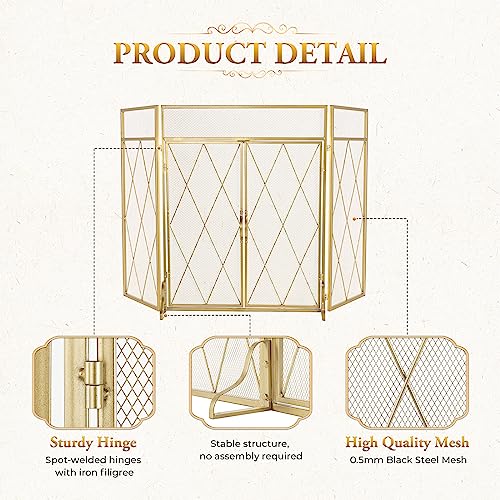 POWLAB Double Door Fireplace Screen 50 x 32Inch Large 3 Panel Foldable Wrought Iron Free Standing Fireplace Screen Rustic Modern Mesh Furnace Fireguards Outdoor Iron Protector Fireplace Cover-Gold by POWLAB - Image 6