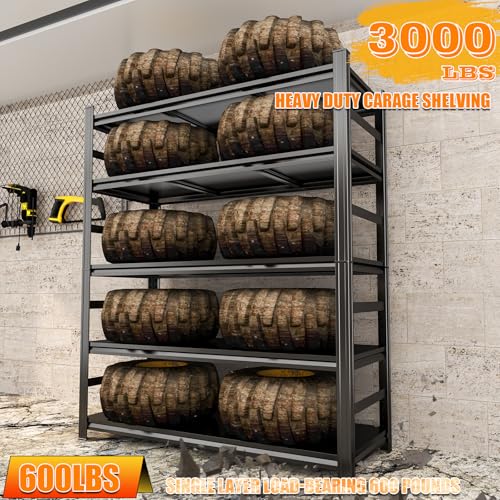 Image of Heavy Duty Metal Garage Shelving Unit, 5 - Tier Adjustable Large Storage Shelves, 3000LBS for Garage & Basement and Pantry Industrial Steel Rack, Ideal for Tool Organization & Storage, Black, 72 inchH