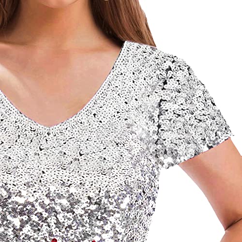 Image of MANER Women's Sequin Glitter Short Sleeve Dress Sexy V Neck Mini Party Club Bodycon Dresses