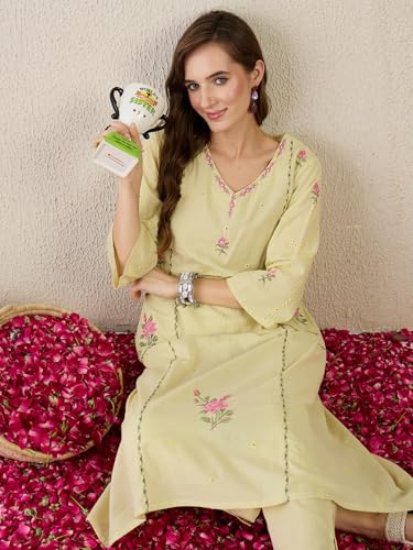 Image of INDO ERA Women's Pure Cotton Floral Embroidered A-Line Kurta & Pant Set (IESTR11298)