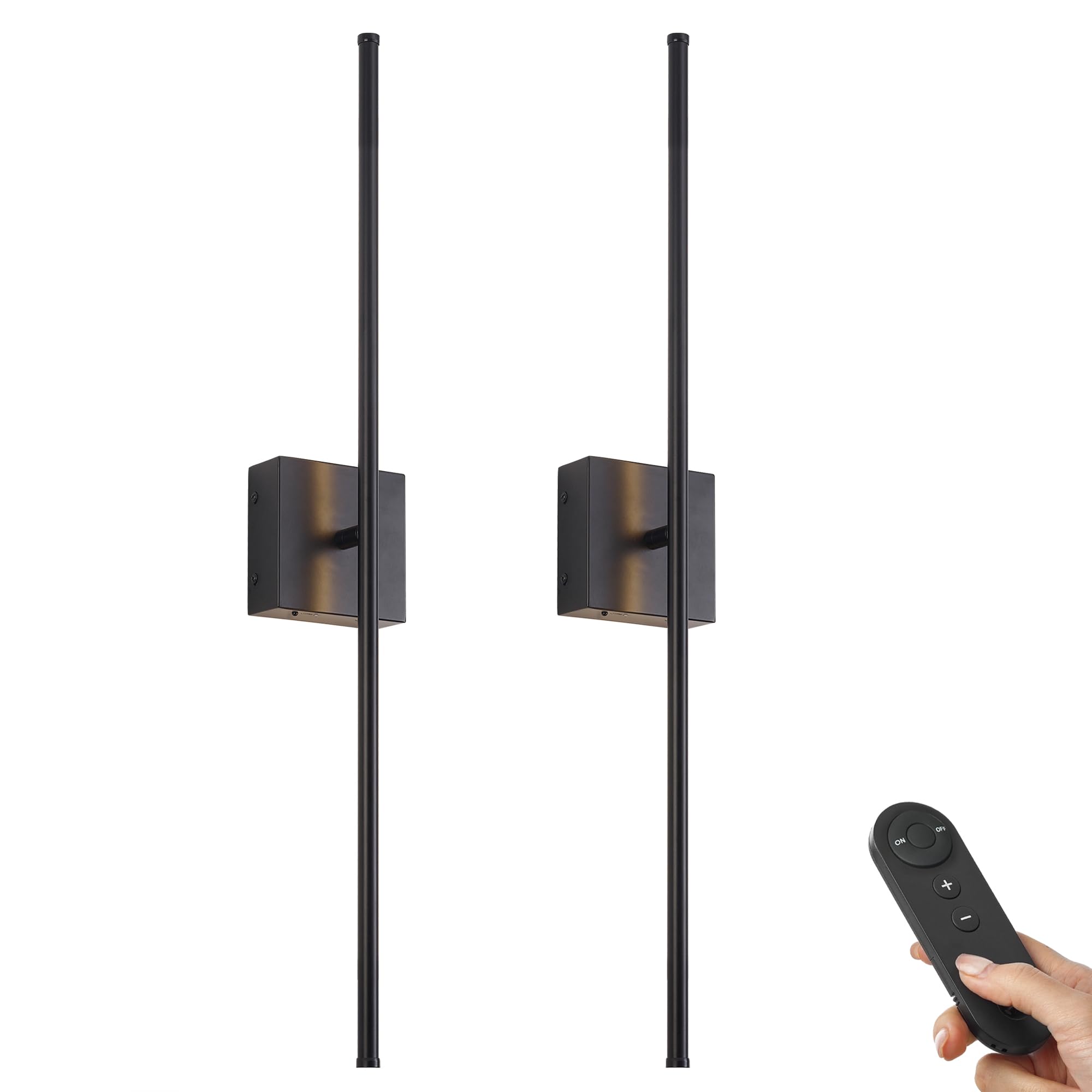Battery Operated Wall Sconces with Remote Control, Dimmable Wall Sconces Set of Two, 350°Rotate, 3000K LED Black Wireless Wall Light for Living Room, Hallway, Bedroom, 40.1 Inch (2 Pack)