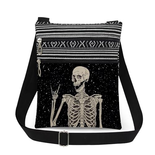 Skull Starry Sky Print Women Crossbody Bag Rock Hand Gesture Adjustable Shoulder Straps Men Messenger Bag Travel Purse Goth Day of the Dead Birthday Christmas Gift for Friend