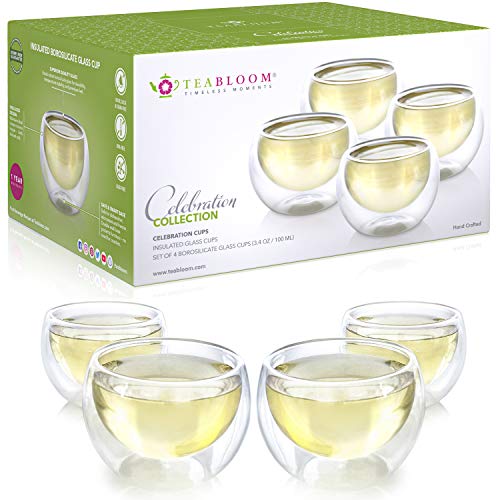 Teabloom 4 Tasses en Verre à Double paroi 100 ML  Tasses à thé et Expresso en Verre borosilicaté résistant à la Chaleur